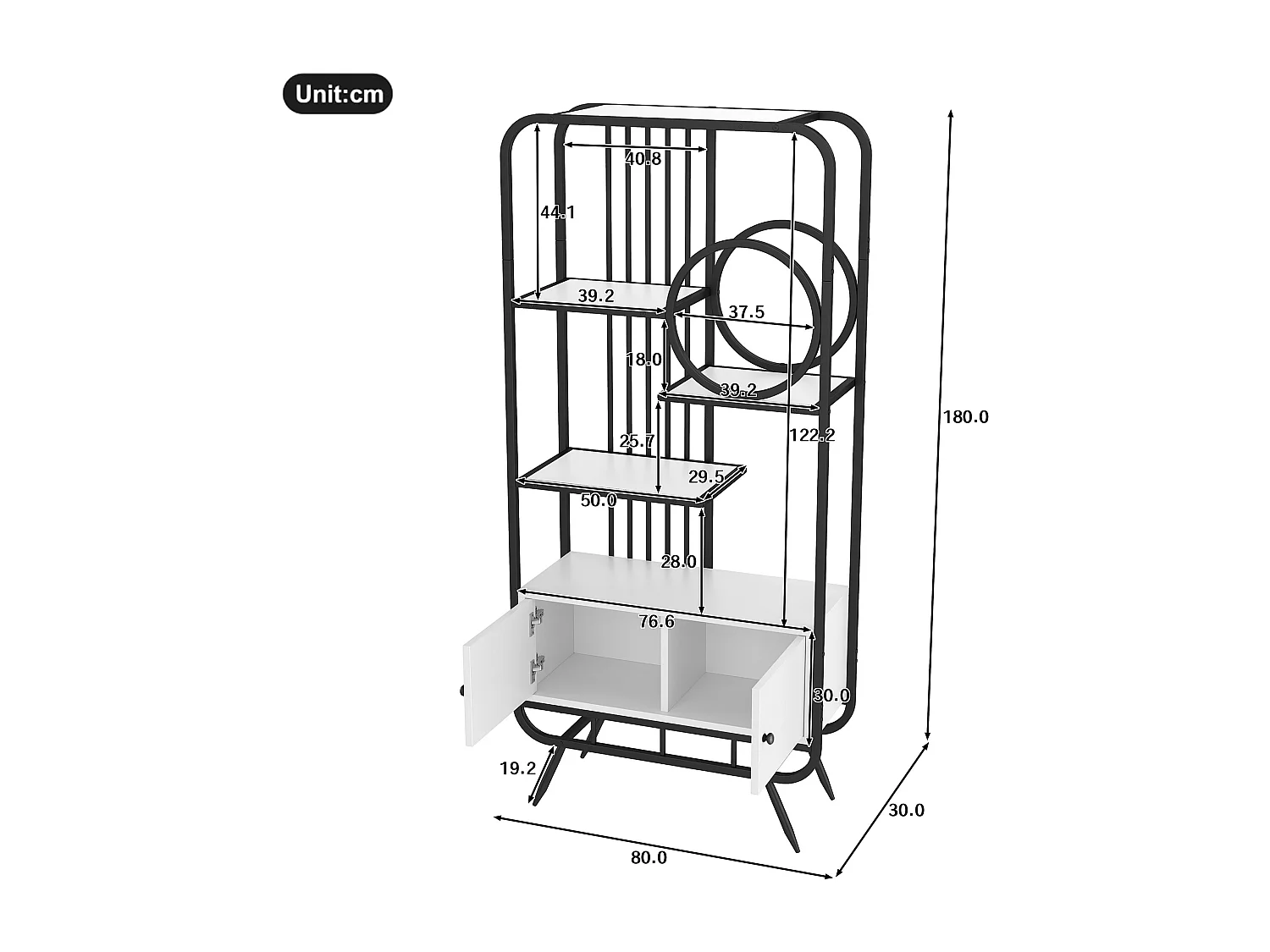 Metallregal - 80 x 30 x 180 cm - mit 2 Stauräumen + 2 Türen + 3 Metallböden - MDF + Metall - weiß + schwarz