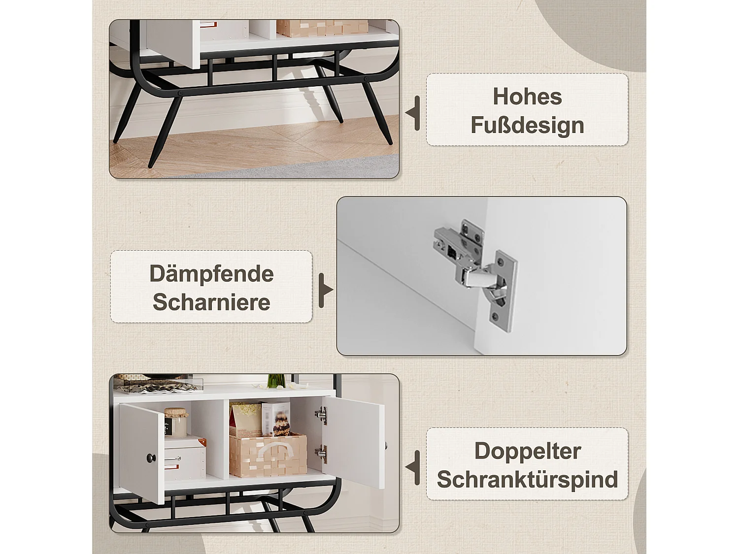 Metallregal - 80 x 30 x 180 cm - mit 2 Stauräumen + 2 Türen + 3 Metallböden - MDF + Metall - weiß + schwarz