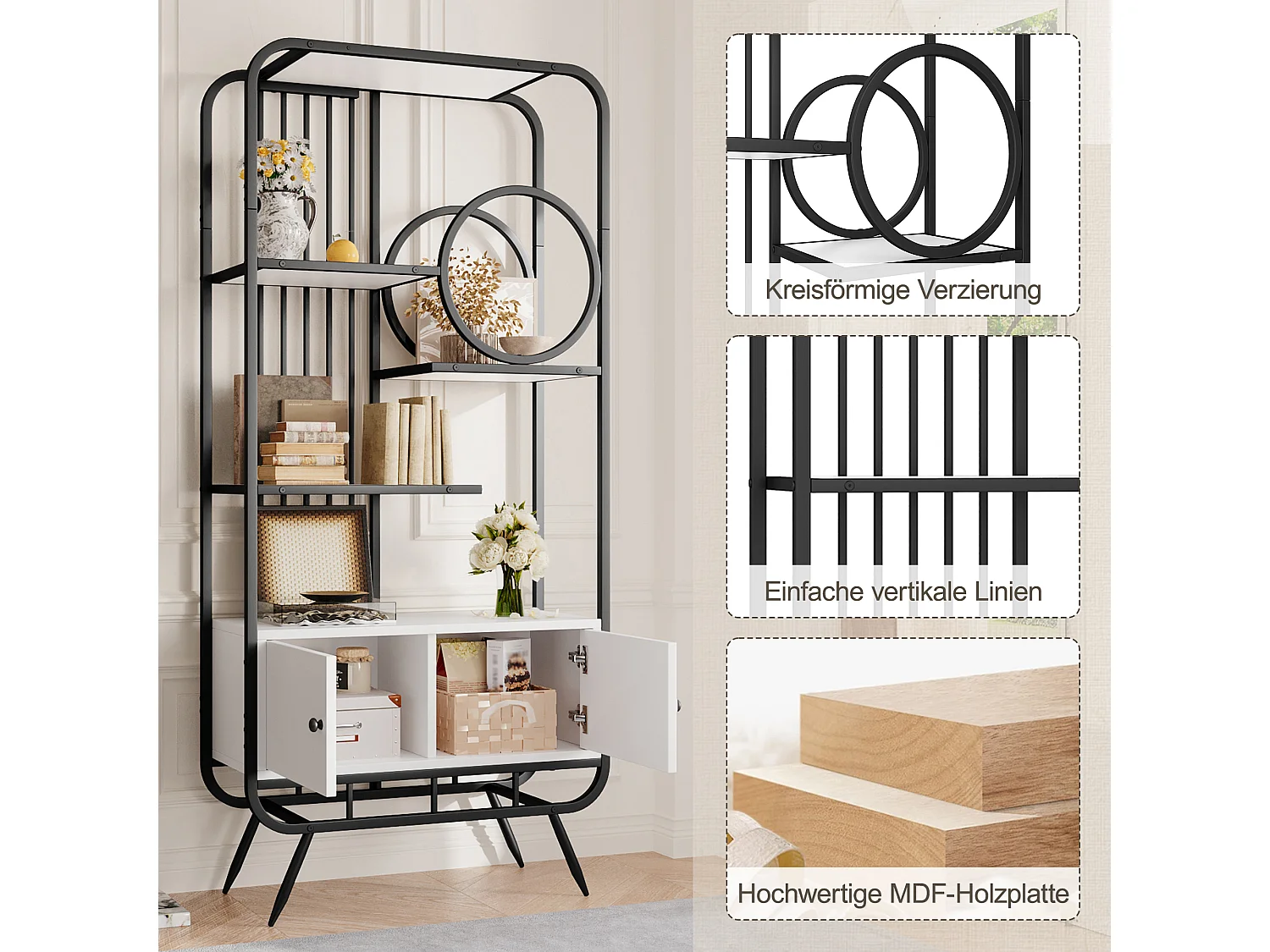 Metallregal - 80 x 30 x 180 cm - mit 2 Stauräumen + 2 Türen + 3 Metallböden - MDF + Metall - weiß + schwarz
