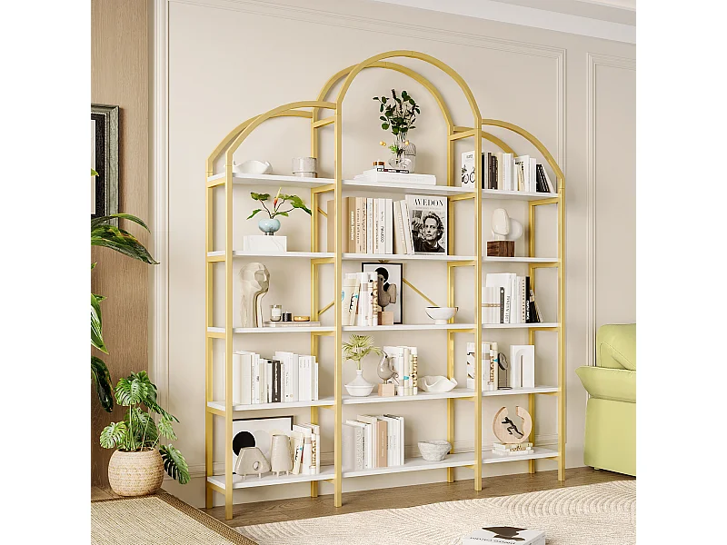 Étagère en métal - 170 x 25 x 190 cm -  5 couches d'espace de rangement - MDF + Métal - or + blanc