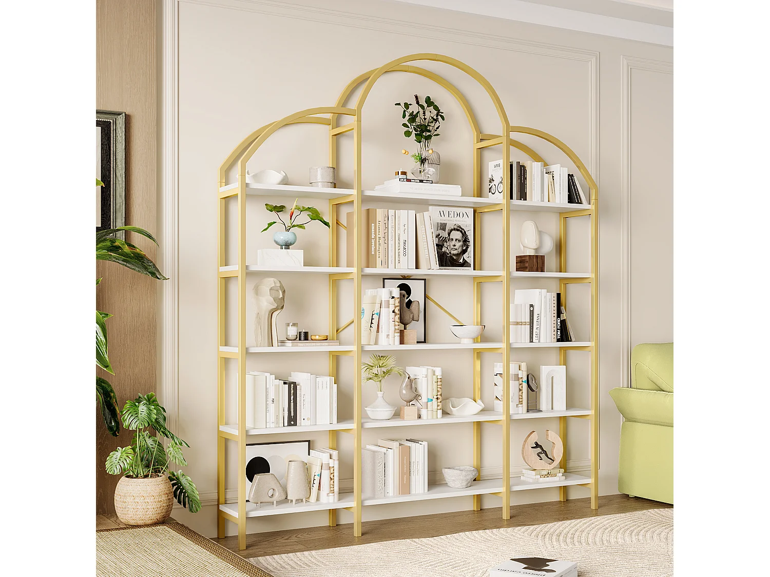 Étagère en métal - 170 x 25 x 190 cm -  5 couches d'espace de rangement - MDF + Métal - or + blanc