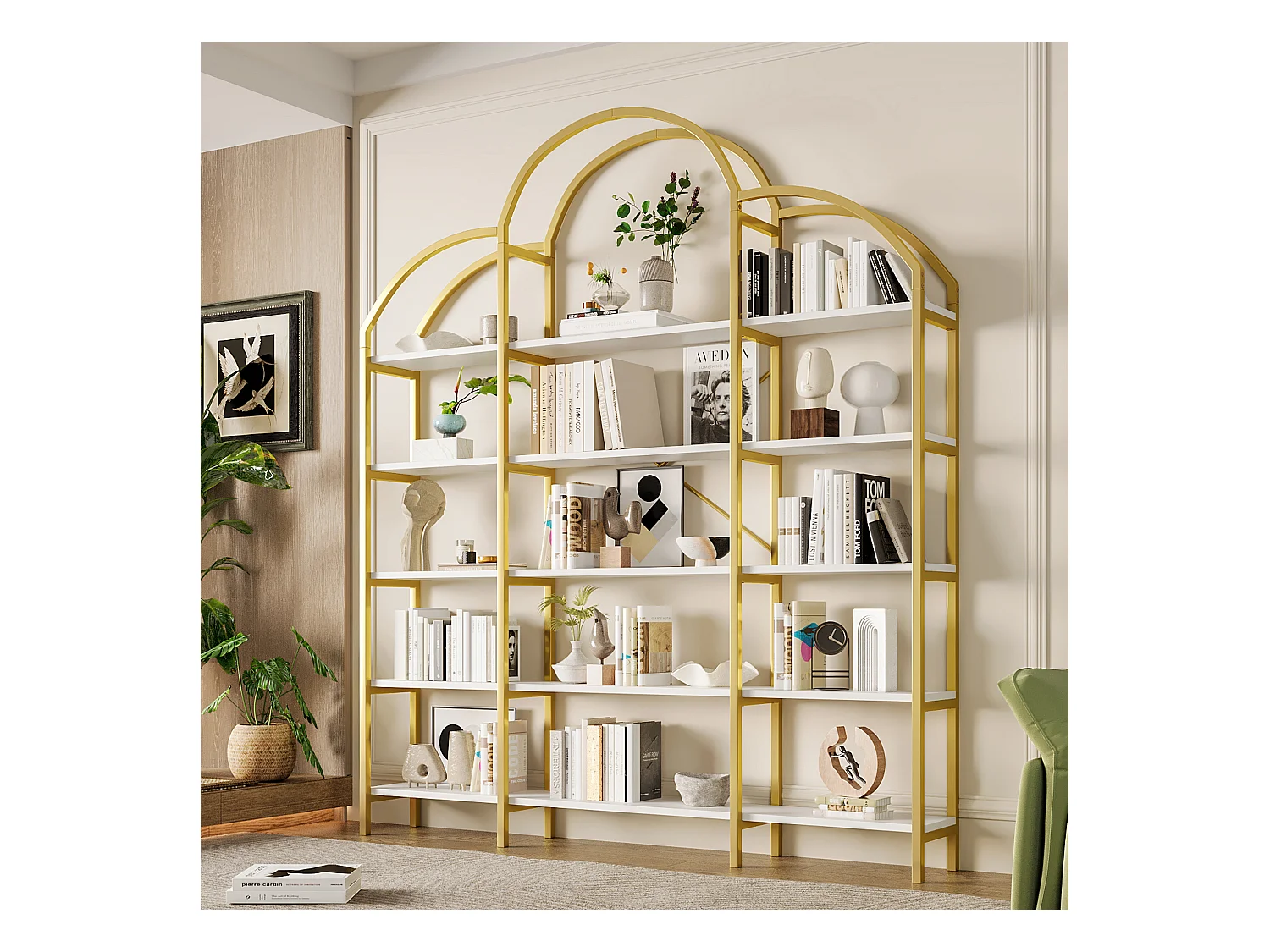 Étagère en métal - 170 x 25 x 190 cm -  5 couches d'espace de rangement - MDF + Métal - or + blanc