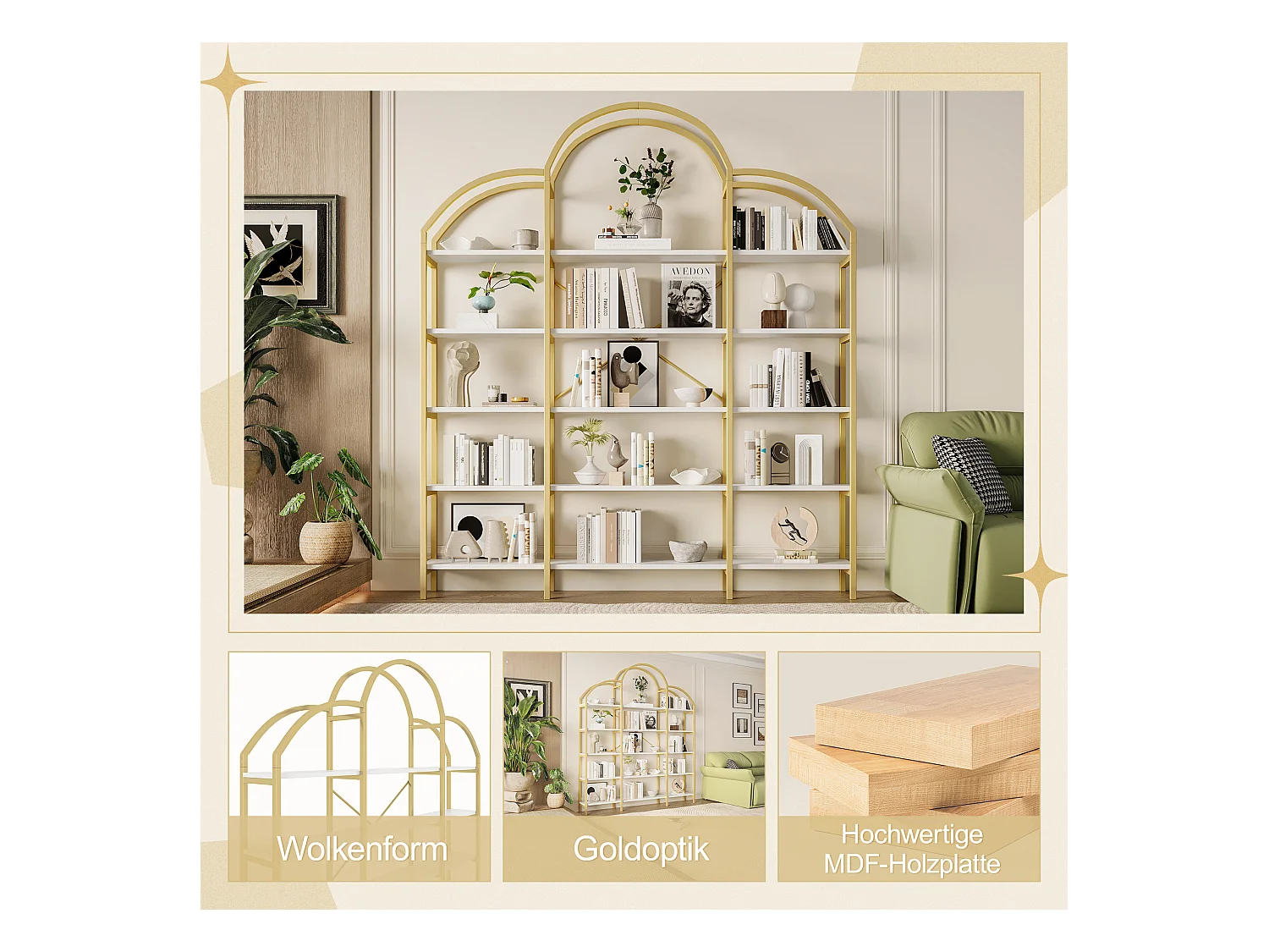 Étagère en métal - 170 x 25 x 190 cm -  5 couches d'espace de rangement - MDF + Métal - or + blanc