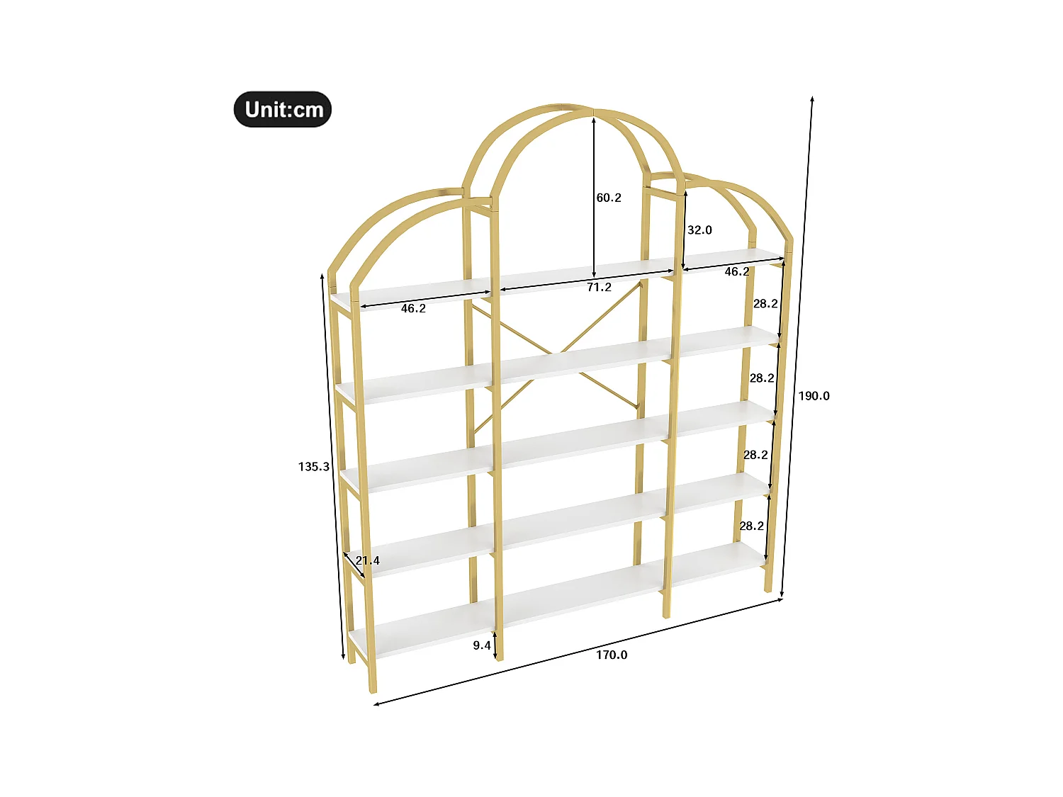 Étagère en métal - 170 x 25 x 190 cm -  5 couches d'espace de rangement - MDF + Métal - or + blanc