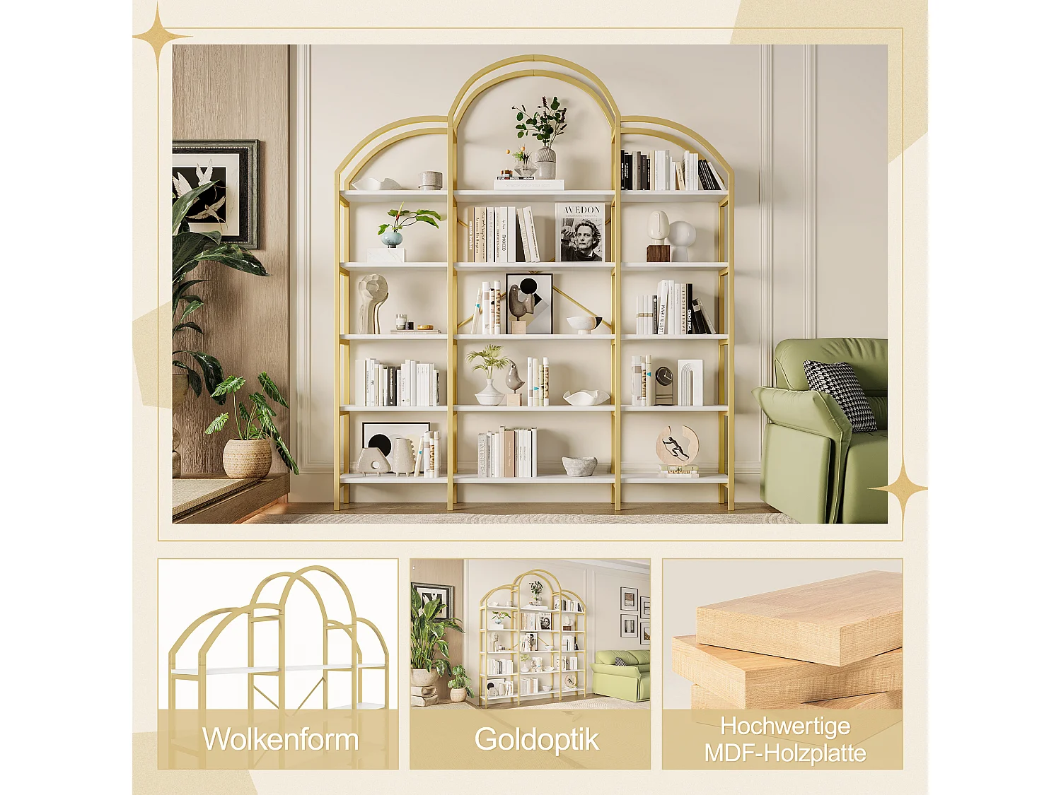 Étagère en métal - 170 x 25 x 190 cm -  5 couches d'espace de rangement - MDF + Métal - or + blanc