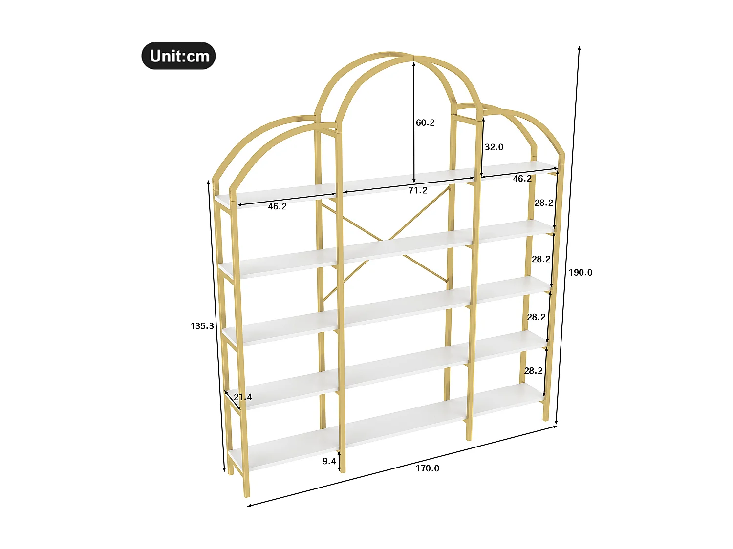 Étagère en métal - 170 x 25 x 190 cm -  5 couches d'espace de rangement - MDF + Métal - or + blanc