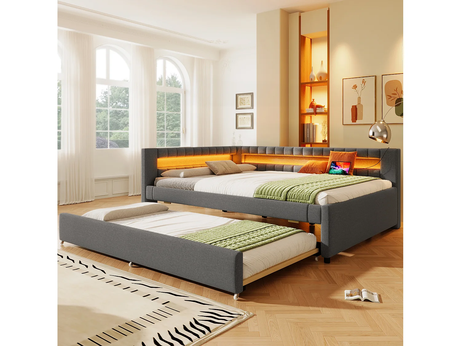 Gepolstertes Ausziehbett - 140 x 200 cm + 90 x 190 cm - mit LEDs + USB + Type-C - ohne Matratze - Leinen + MDF - grau