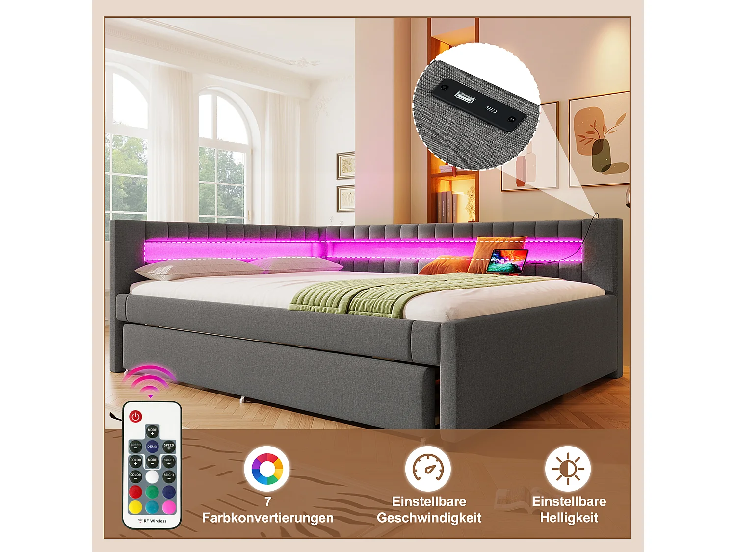 Gepolstertes Ausziehbett - 140 x 200 cm + 90 x 190 cm - mit LEDs + USB + Type-C - ohne Matratze - Leinen + MDF - grau