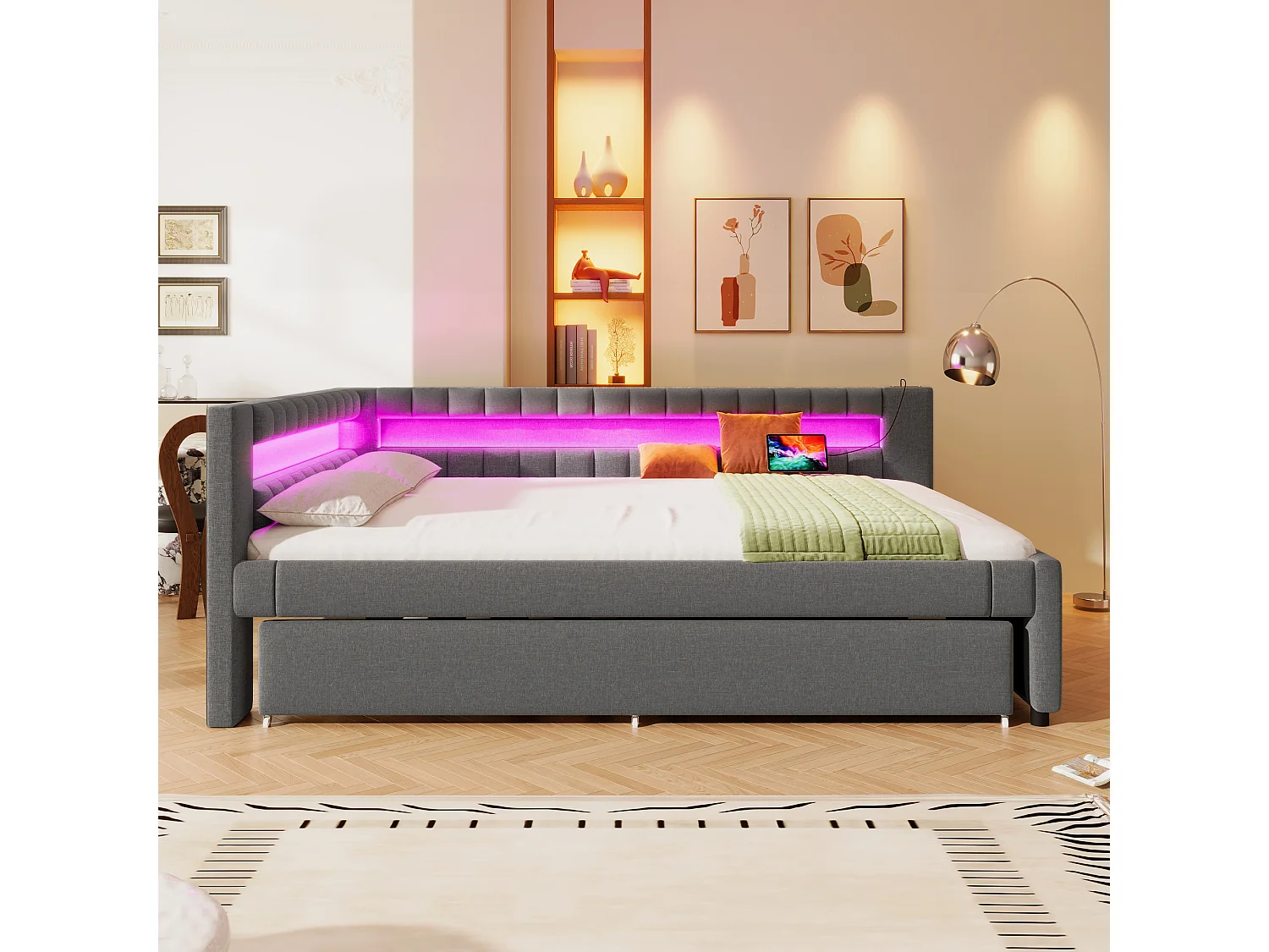 Gepolstertes Ausziehbett - 140 x 200 cm + 90 x 190 cm - mit LEDs + USB + Type-C - ohne Matratze - Leinen + MDF - grau