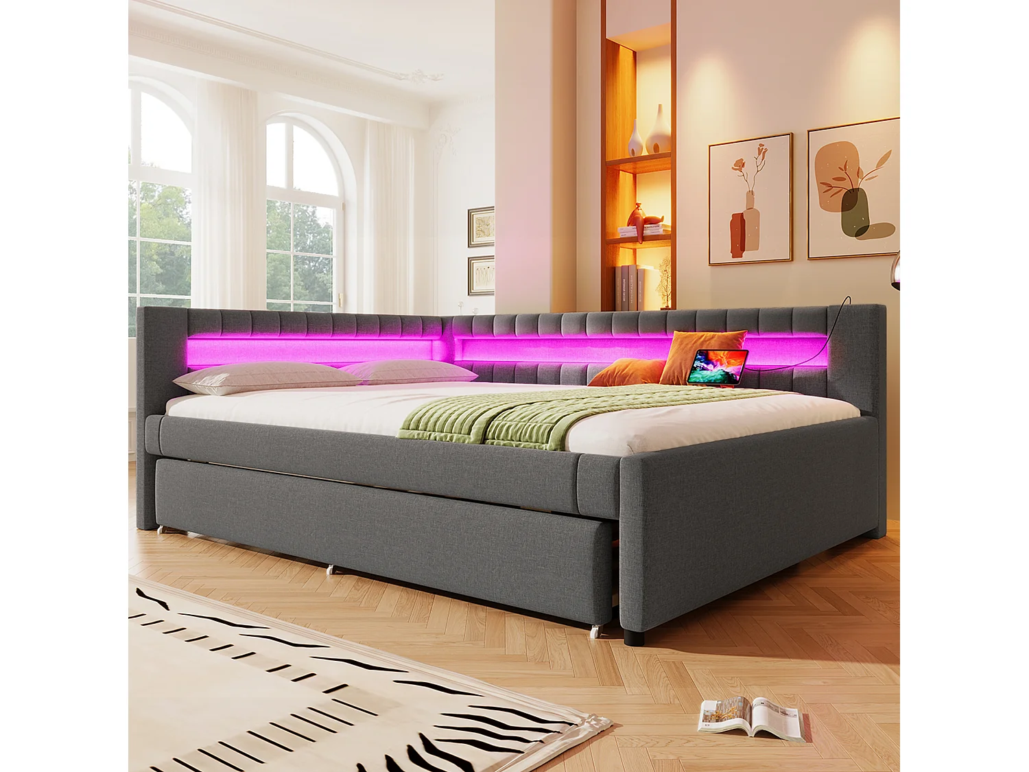 Gepolstertes Ausziehbett - 140 x 200 cm + 90 x 190 cm - mit LEDs + USB + Type-C - ohne Matratze - Leinen + MDF - grau