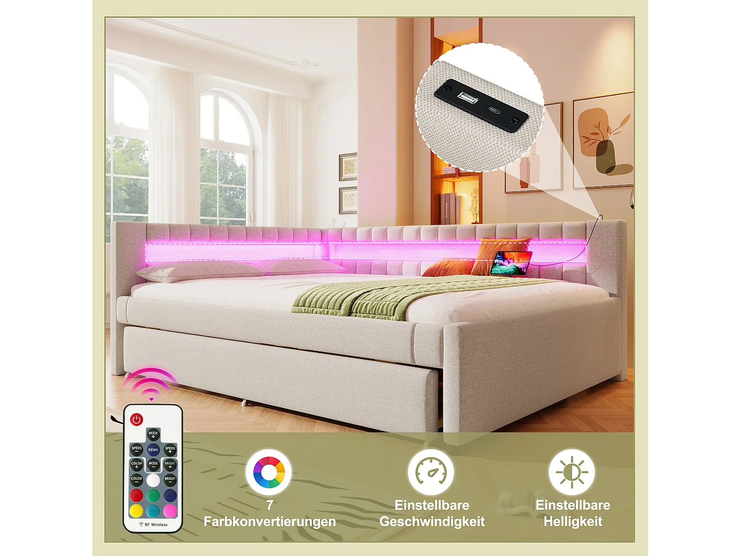 Lit gigogne rembourré - 140 x 200 cm + 90 x 190 cm - avec Leds + USB + Type-C - sans matelas - lin + MDF - beige