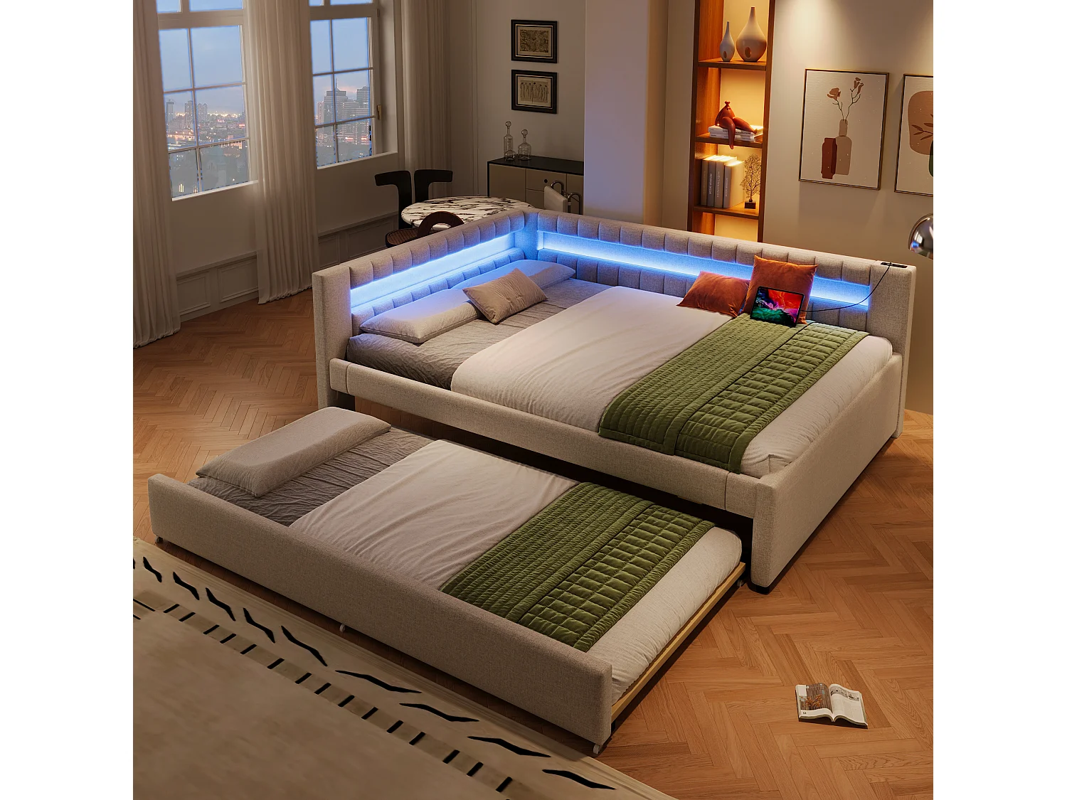 Lit gigogne rembourré - 140 x 200 cm + 90 x 190 cm - avec Leds + USB + Type-C - sans matelas - lin + MDF - beige