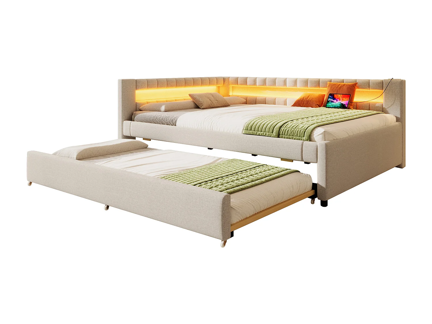 Lit gigogne rembourré - 140 x 200 cm + 90 x 190 cm - avec Leds + USB + Type-C - sans matelas - lin + MDF - beige