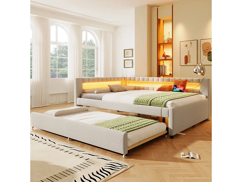 Gestoffeerd uitschuifbed - 140 x 200 cm + 90 x 190 cm - met LED's + USB + Type-C - zonder matras - linnen + MDF - beige