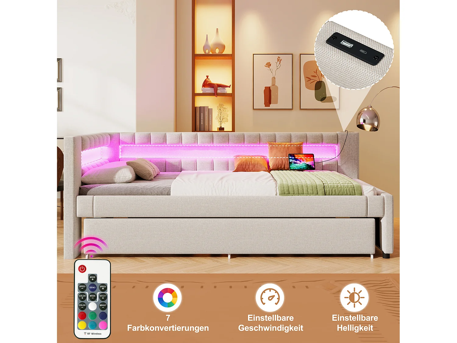 Łóżko tapicerowane wysuwane - 90 x 200 cm + 90 x 190 cm - z diodami LED + USB + Type-C - bez materaca - len + MDF - beż