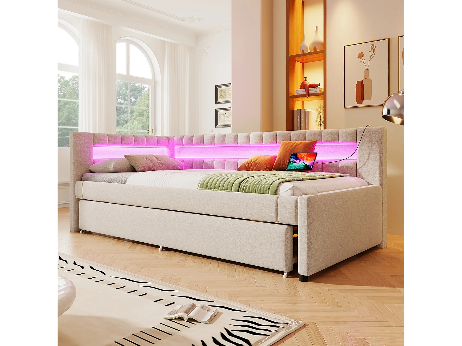 Łóżko tapicerowane wysuwane - 90 x 200 cm + 90 x 190 cm - z diodami LED + USB + Type-C - bez materaca - len + MDF - beż