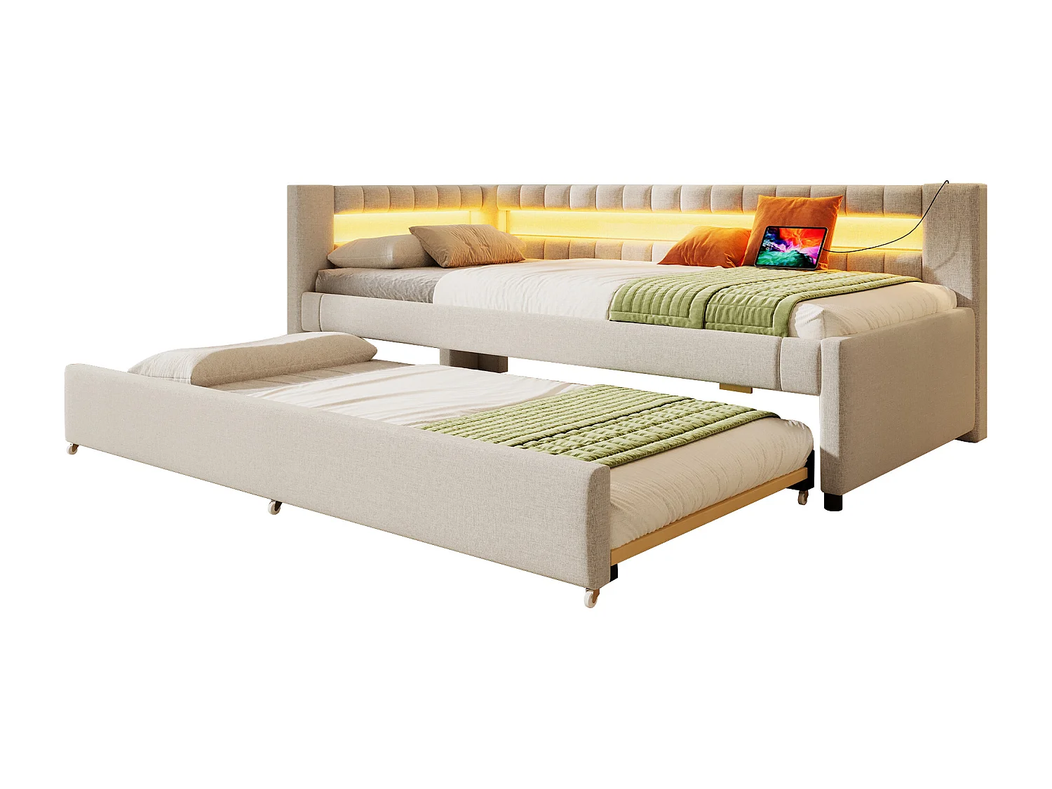 Łóżko tapicerowane wysuwane - 90 x 200 cm + 90 x 190 cm - z diodami LED + USB + Type-C - bez materaca - len + MDF - beż