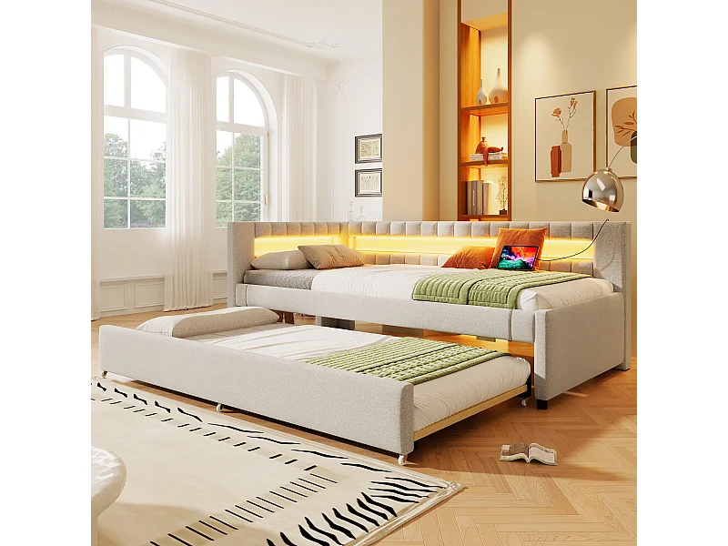 Łóżko tapicerowane wysuwane - 90 x 200 cm + 90 x 190 cm - z diodami LED + USB + Type-C - bez materaca - len + MDF - beż