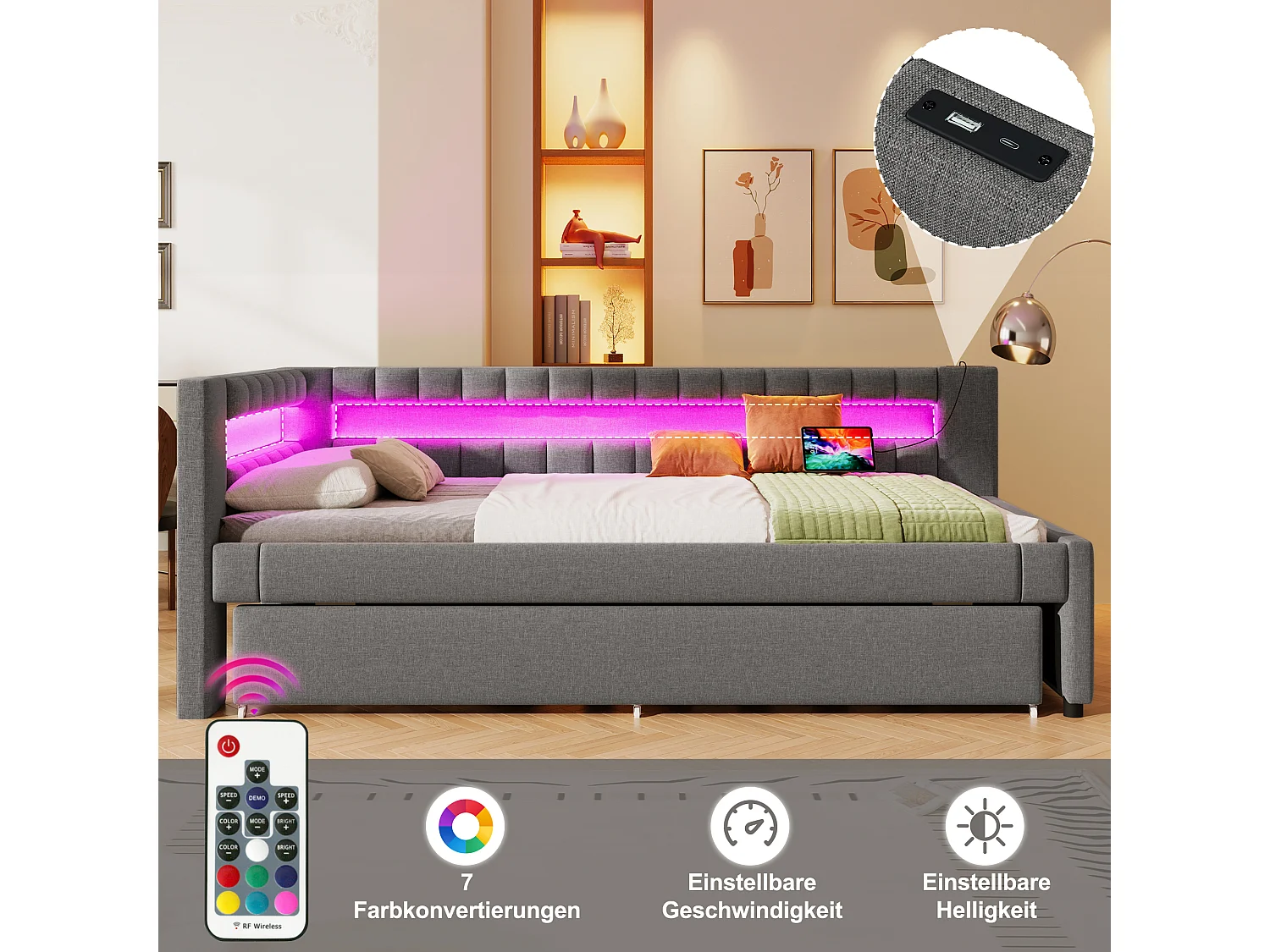 Gepolstertes Ausziehbett - 90 x 200 cm + 90 x 190 cm - mit LEDs + USB + Type-C - ohne Matratze - Leinen + MDF - grau