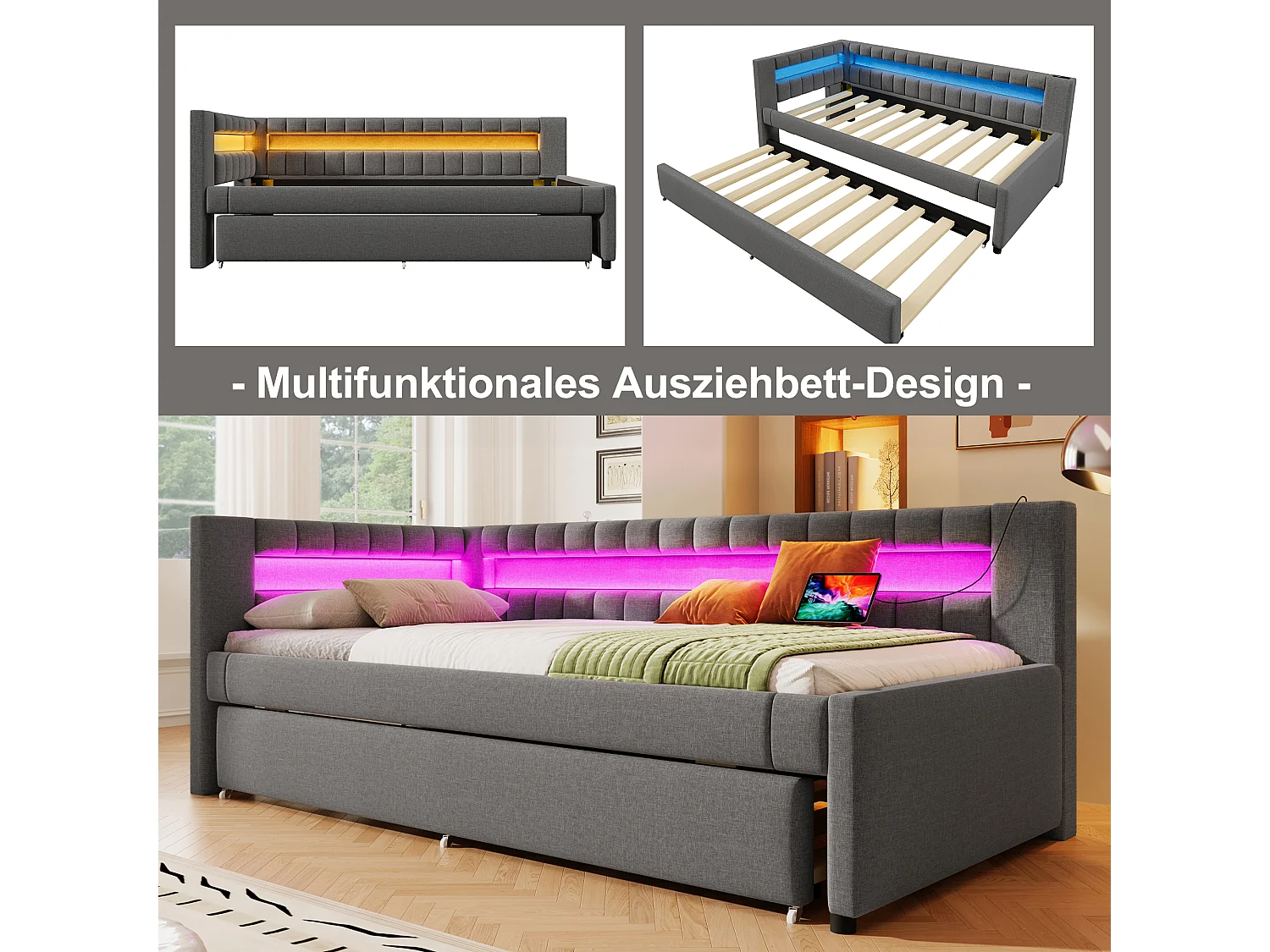 Gepolstertes Ausziehbett - 90 x 200 cm + 90 x 190 cm - mit LEDs + USB + Type-C - ohne Matratze - Leinen + MDF - grau