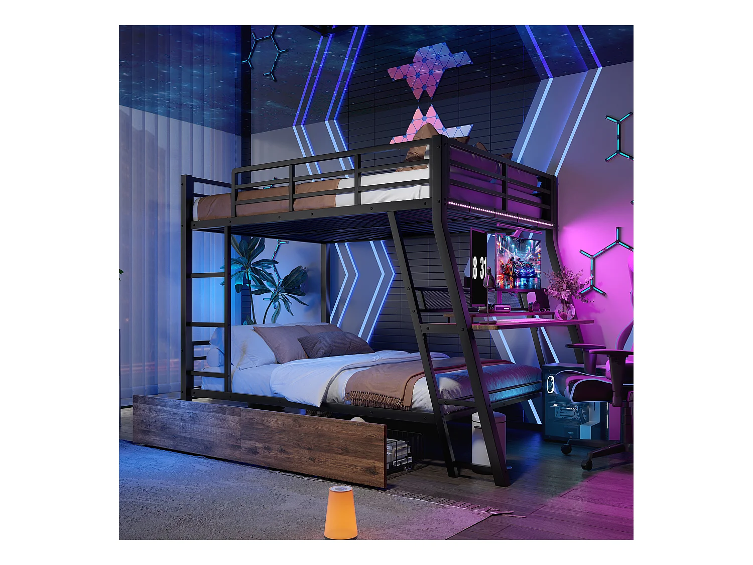 Kinderstapelbed - 140 x 200 cm - ijzeren frame - met LED's + 2 lades + bureau - Metaal + MDF - zwart