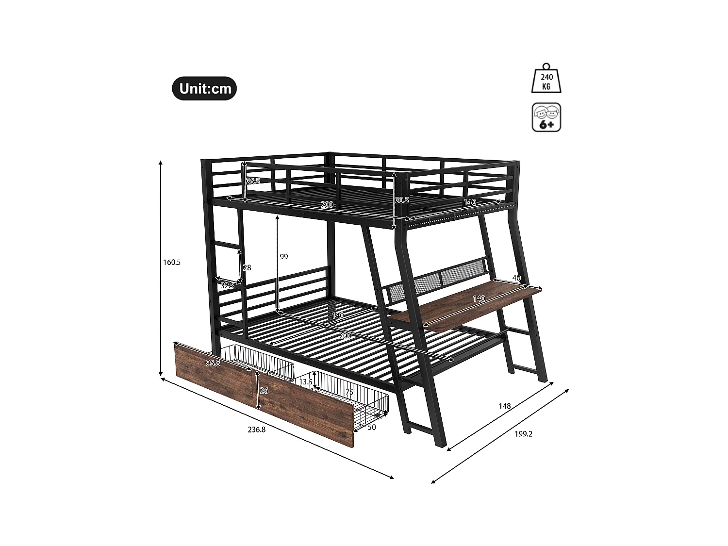 Lit superposés pour enfants - 140 x 200 cm - structure en fer - avec Leds + 2 tiroirs + bureau - Métal + MDF - noir