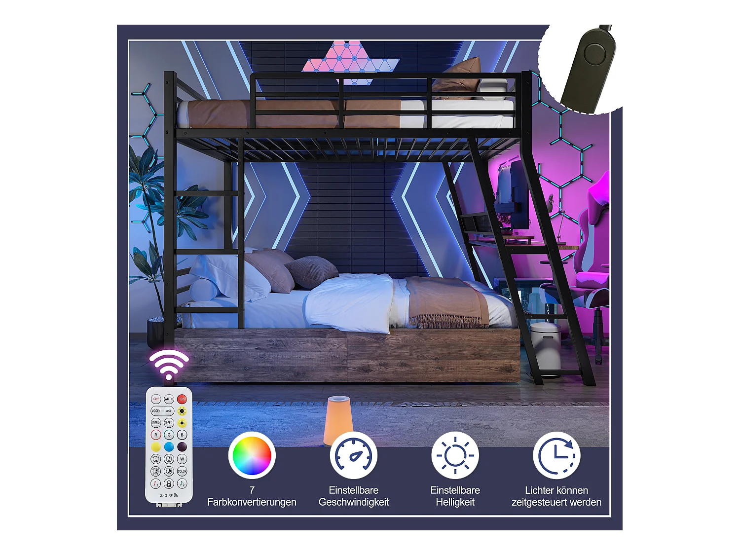 Lit superposés pour enfants - 140 x 200 cm - structure en fer - avec Leds + 2 tiroirs + bureau - Métal + MDF - noir