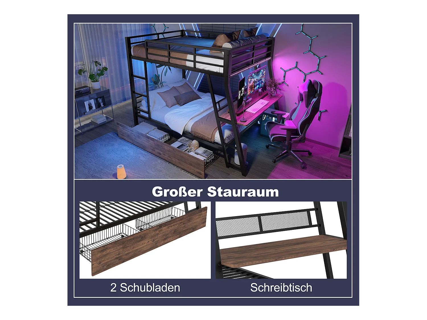 Lit superposés pour enfants - 140 x 200 cm - structure en fer - avec Leds + 2 tiroirs + bureau - Métal + MDF - noir