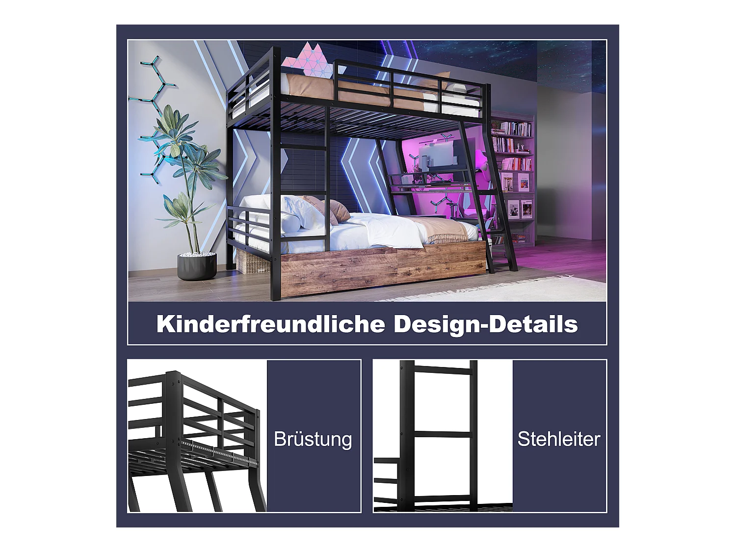 Lit superposés pour enfants - 140 x 200 cm - structure en fer - avec Leds + 2 tiroirs + bureau - Métal + MDF - noir