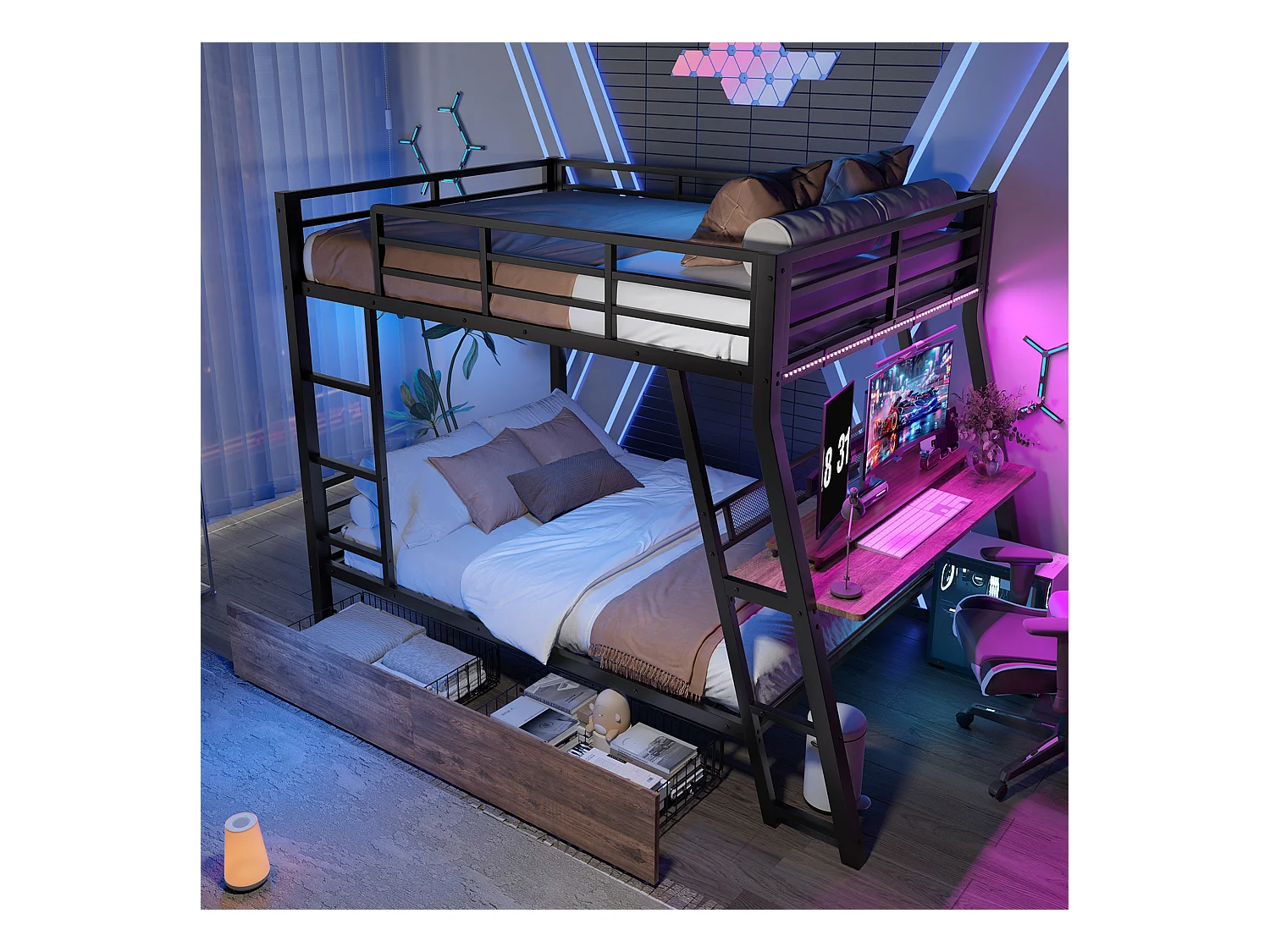 Lit superposés pour enfants - 140 x 200 cm - structure en fer - avec Leds + 2 tiroirs + bureau - Métal + MDF - noir