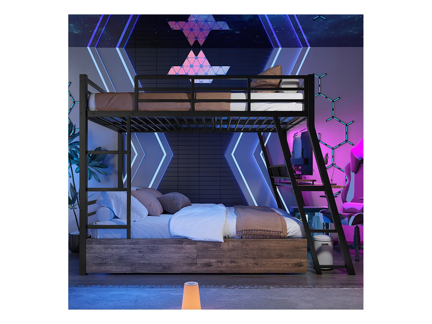 Lit superposés pour enfants - 140 x 200 cm - structure en fer - avec Leds + 2 tiroirs + bureau - Métal + MDF - noir