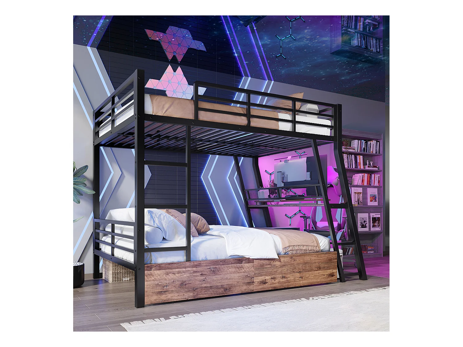 Lit superposés pour enfants - 140 x 200 cm - structure en fer - avec Leds + 2 tiroirs + bureau - Métal + MDF - noir