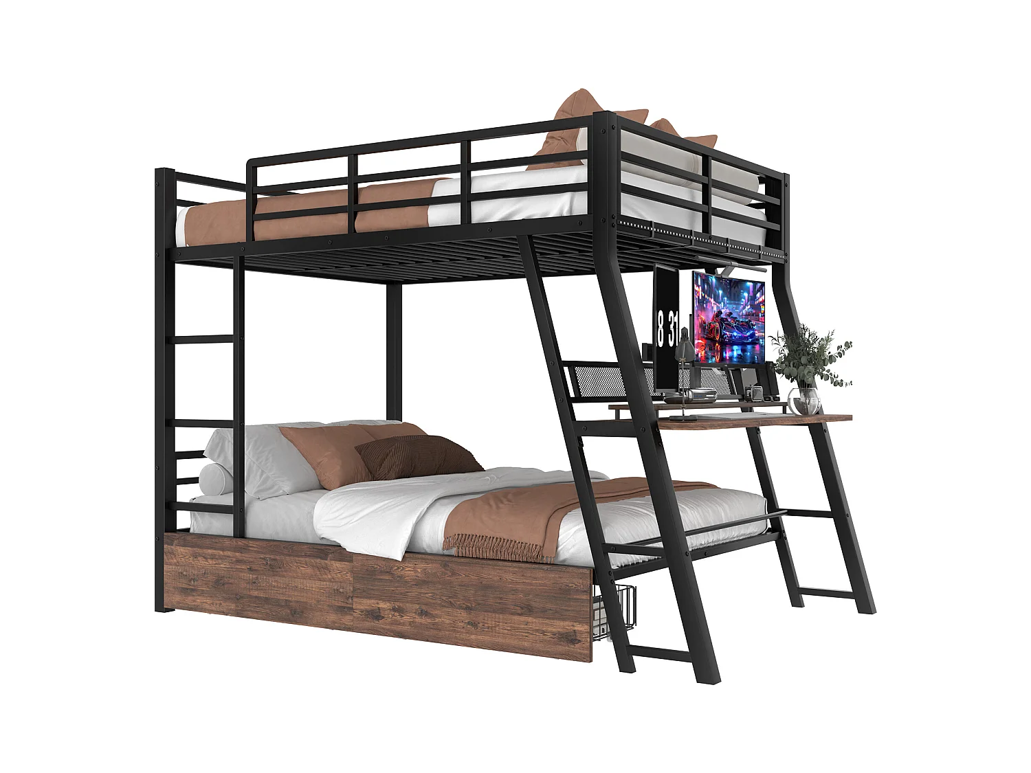Lit superposés pour enfants - 140 x 200 cm - structure en fer - avec Leds + 2 tiroirs + bureau - Métal + MDF - noir