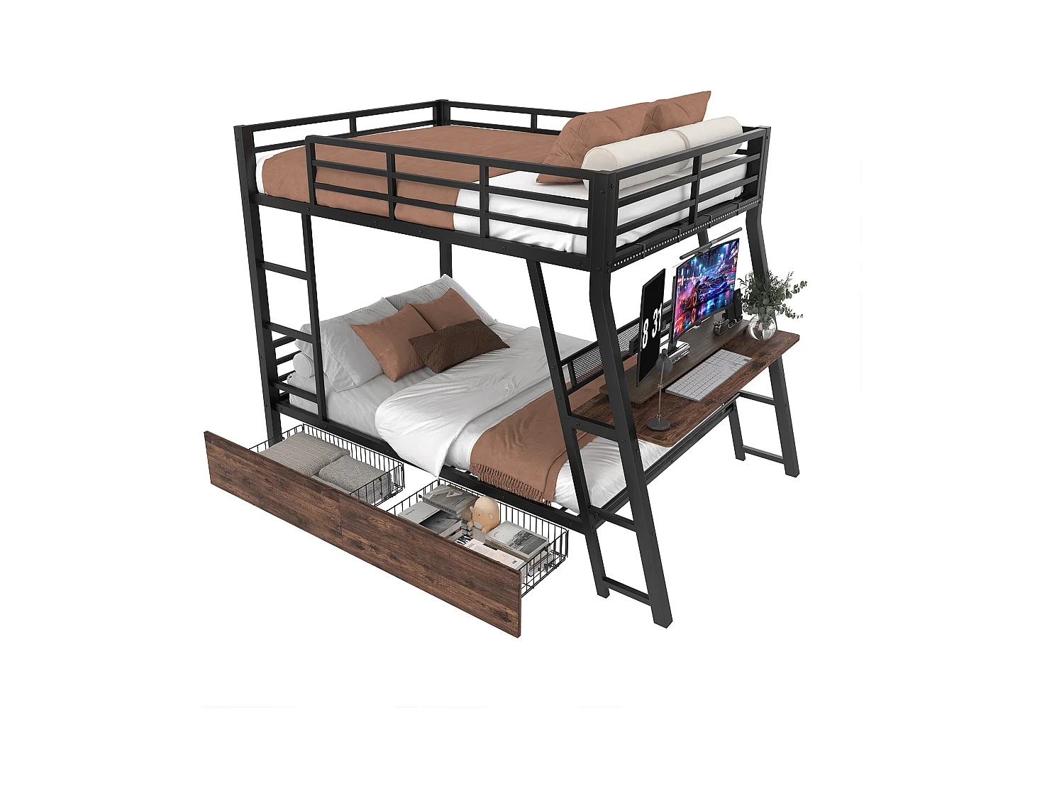 Lit superposés pour enfants - 140 x 200 cm - structure en fer - avec Leds + 2 tiroirs + bureau - Métal + MDF - noir