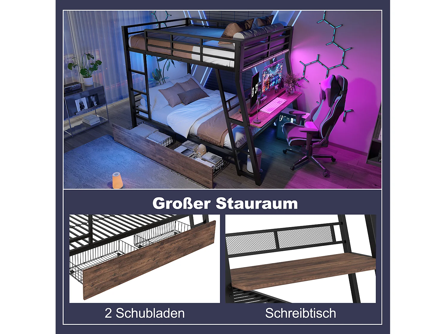 Beliche infantil - 140 x 200 cm - estrutura de ferro - com LEDs + 2 gavetas + escrivaninha - Metal + MDF - preto