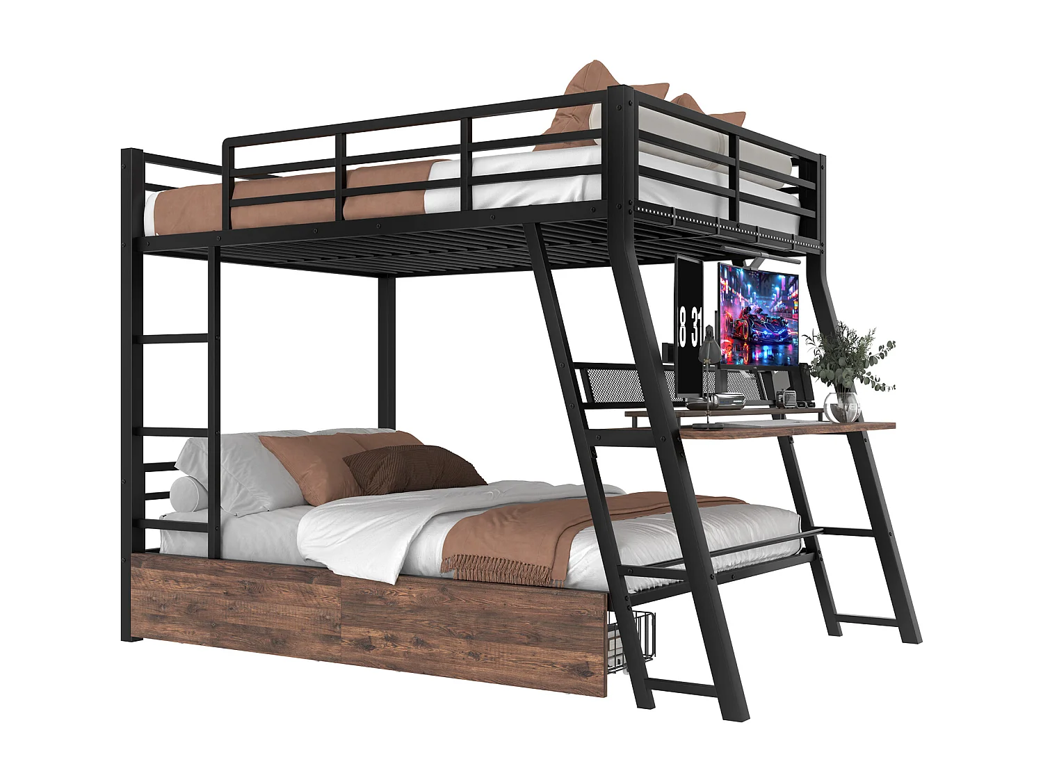 Beliche infantil - 140 x 200 cm - estrutura de ferro - com LEDs + 2 gavetas + escrivaninha - Metal + MDF - preto