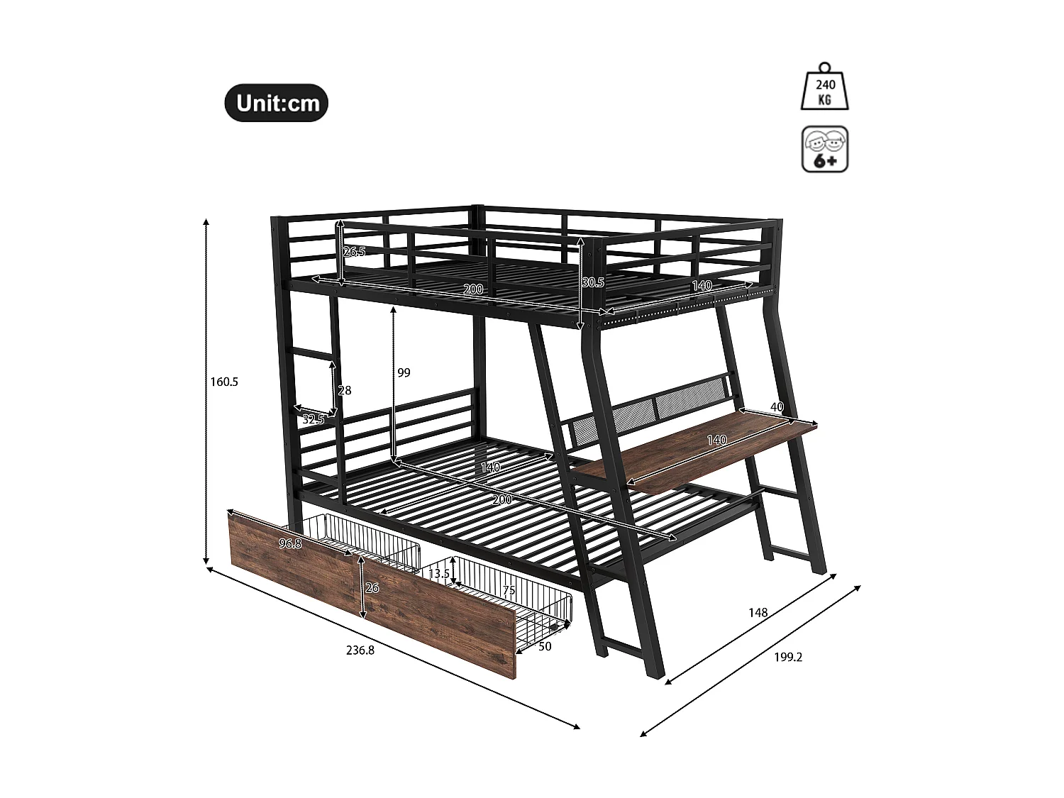 Beliche infantil - 140 x 200 cm - estrutura de ferro - com LEDs + 2 gavetas + escrivaninha - Metal + MDF - preto