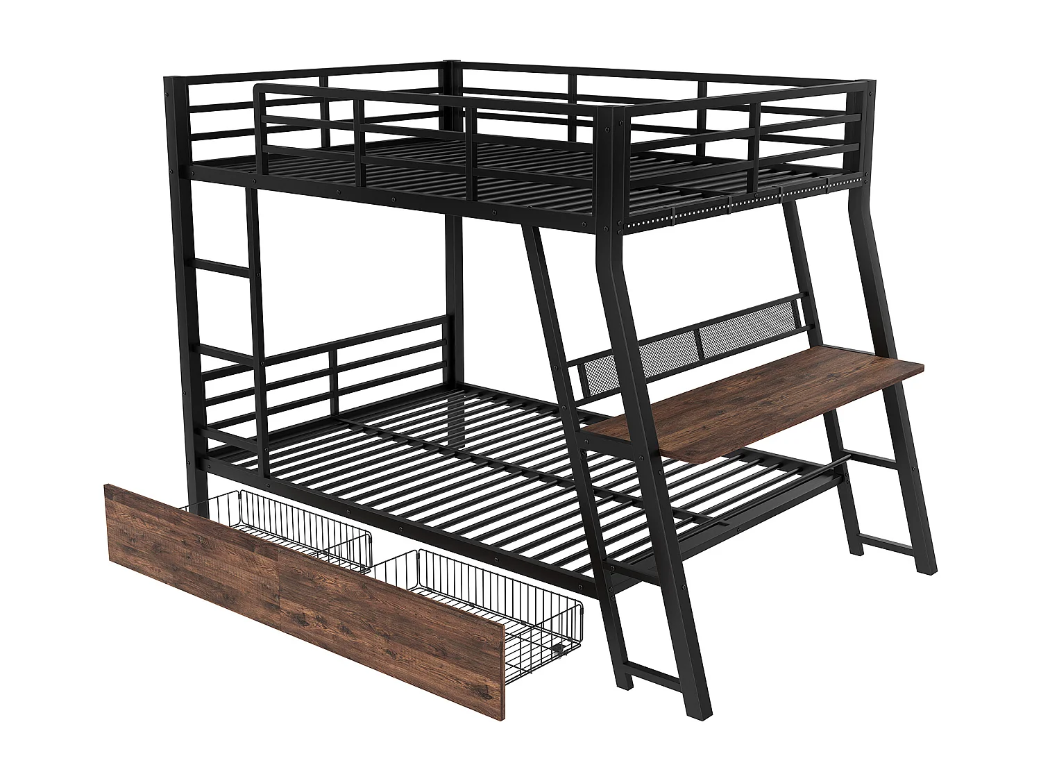 Letto a castello per bambini - 140 x 200 cm - struttura in ferro - con LED + 2 cassetti + scrivania - Metallo + MDF - nero