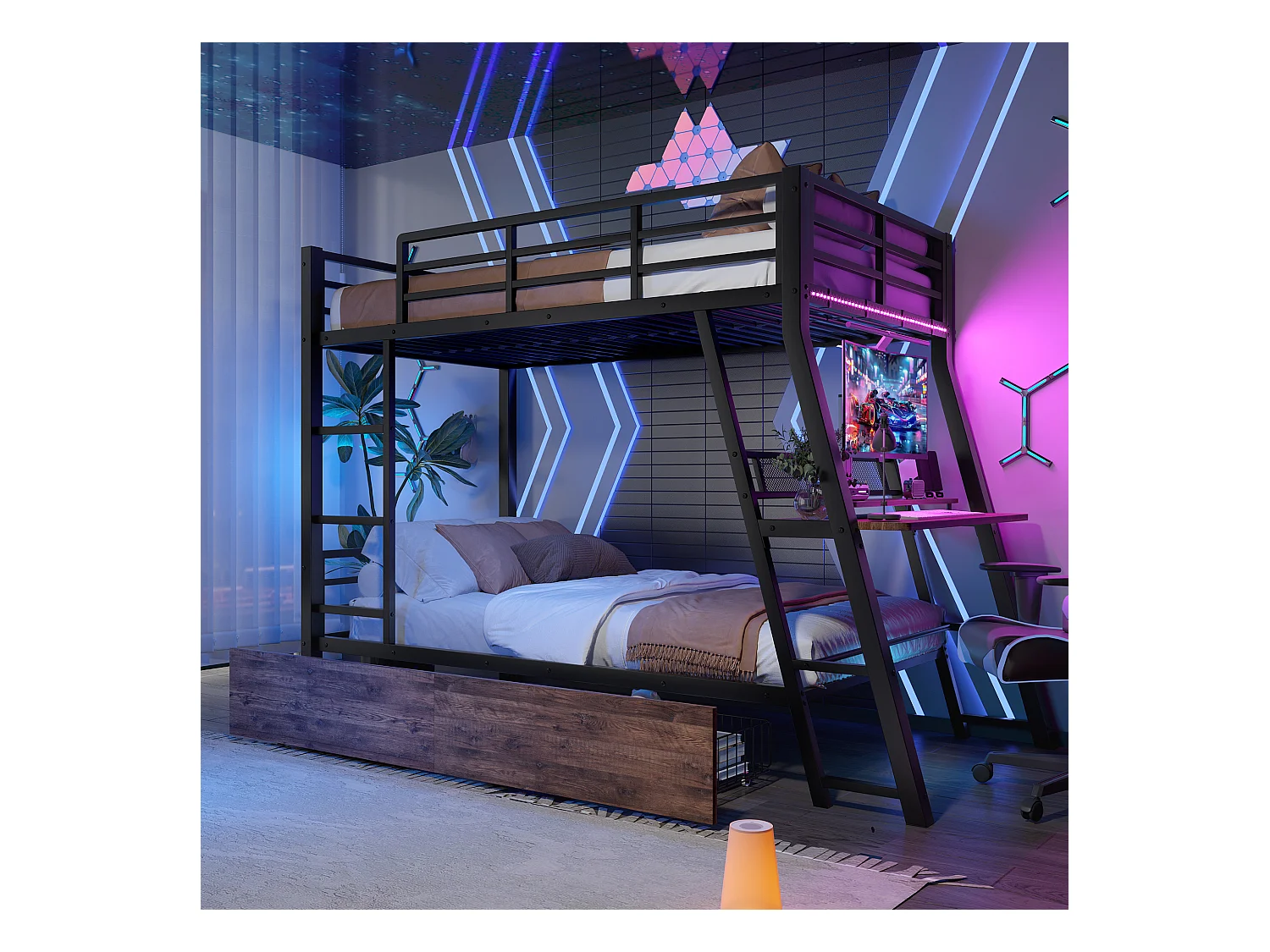 Kinderstapelbed - 90 x 200 cm - ijzeren frame - met LED's + 2 lades + bureau - Metaal + MDF - zwart