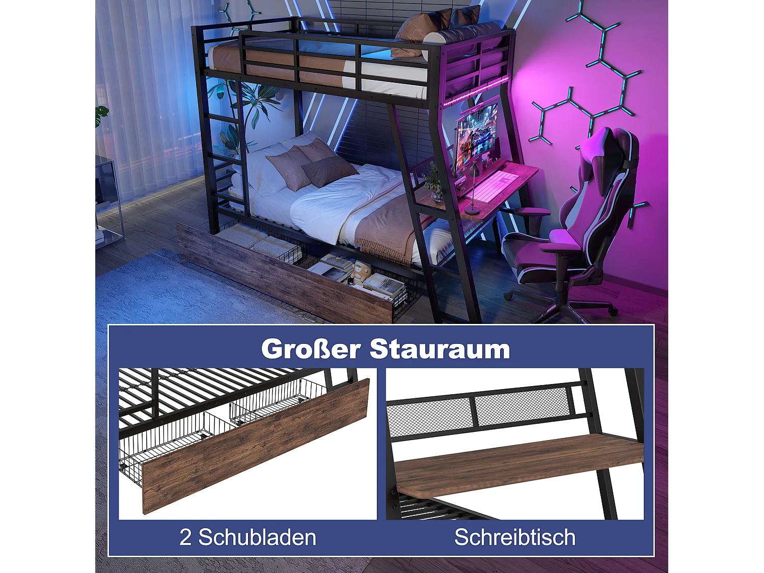 Lit superposés pour enfants - 90 x 200 cm - structure en fer - avec Leds + 2 tiroirs + bureau - Métal + MDF - noir