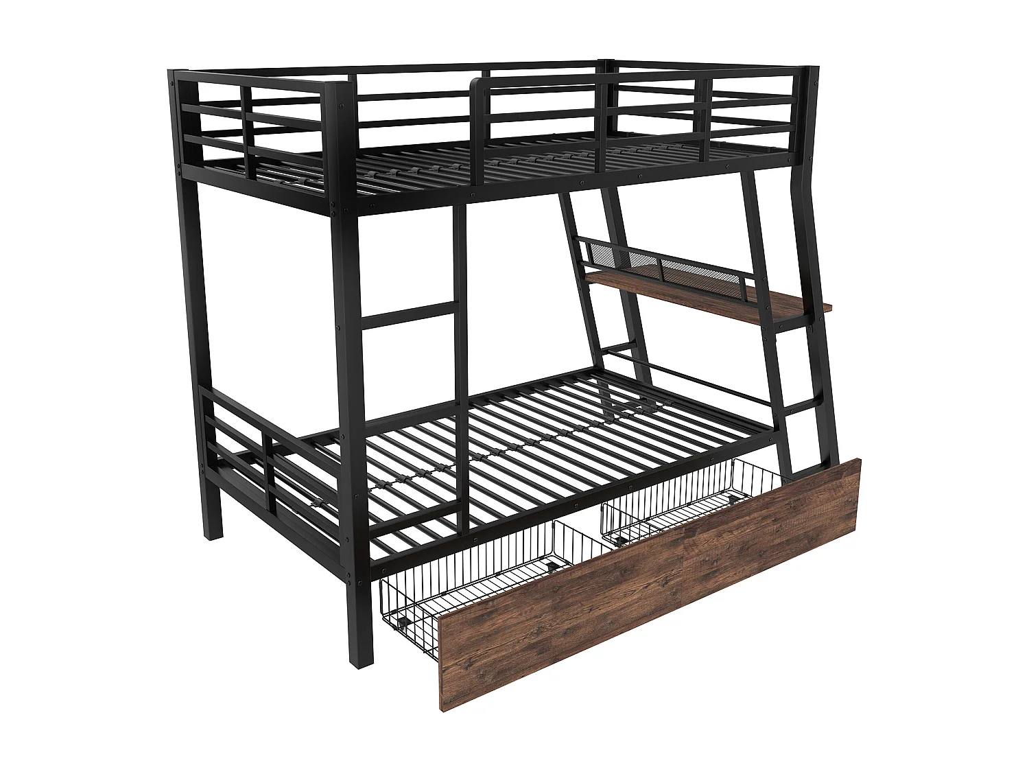 Lit superposés pour enfants - 90 x 200 cm - structure en fer - avec Leds + 2 tiroirs + bureau - Métal + MDF - noir