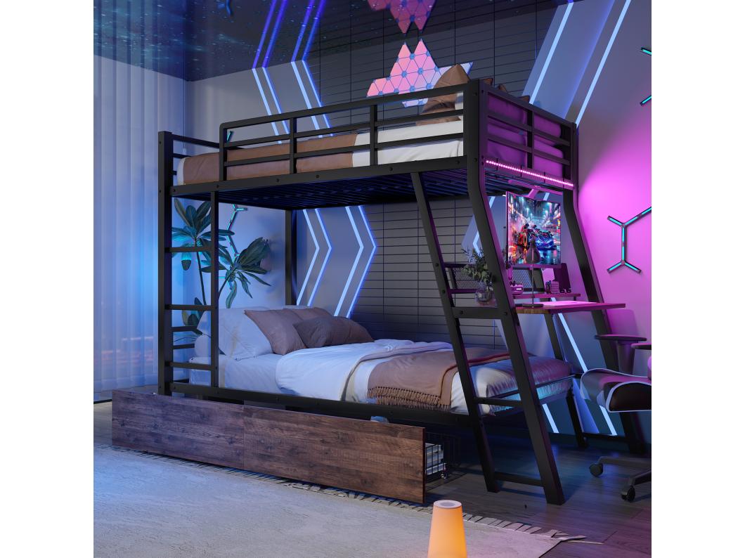 Kinderstapelbed - 90 x 200 cm - ijzeren frame - met LED's + 2 lades + bureau - Metaal + MDF - zwart