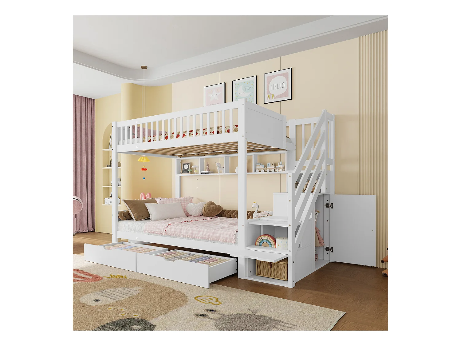 Lit superposés pour enfants - 2 x 90 x 200 cm - avec 2 tiroirs + armoir + 3 rangements dan l'escalier - Pin + MDF - blanc