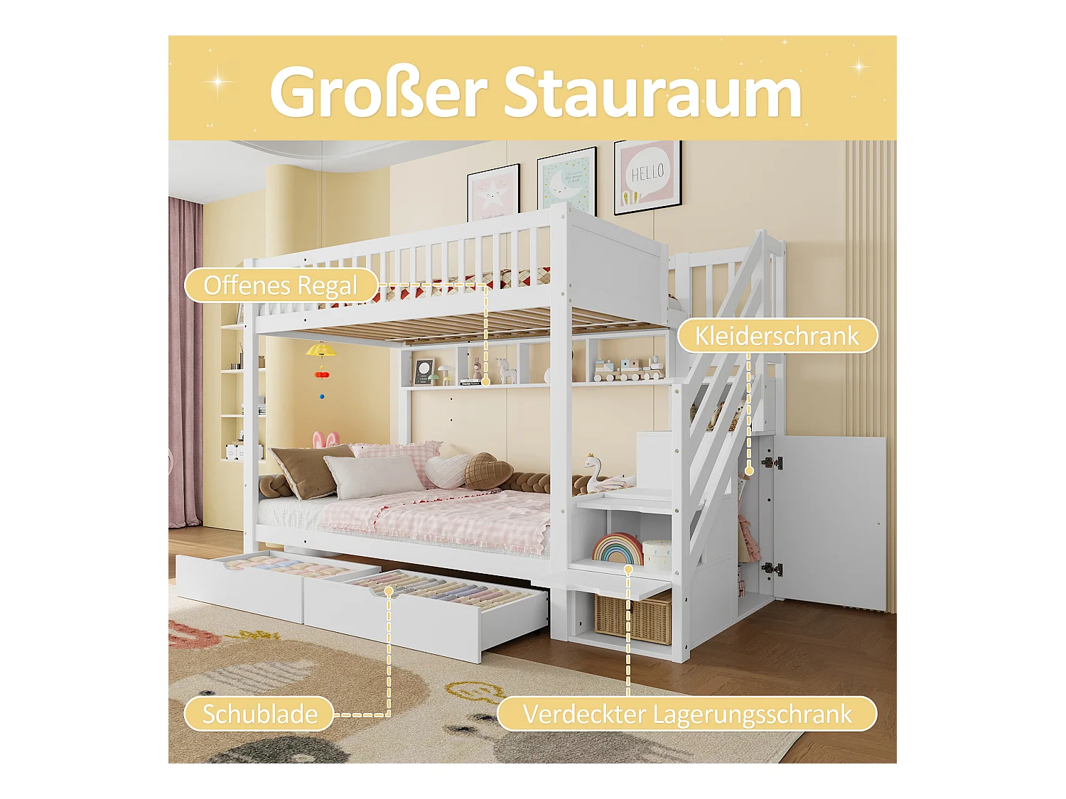 Lit superposés pour enfants - 2 x 90 x 200 cm - avec 2 tiroirs + armoir + 3 rangements dan l'escalier - Pin + MDF - blanc