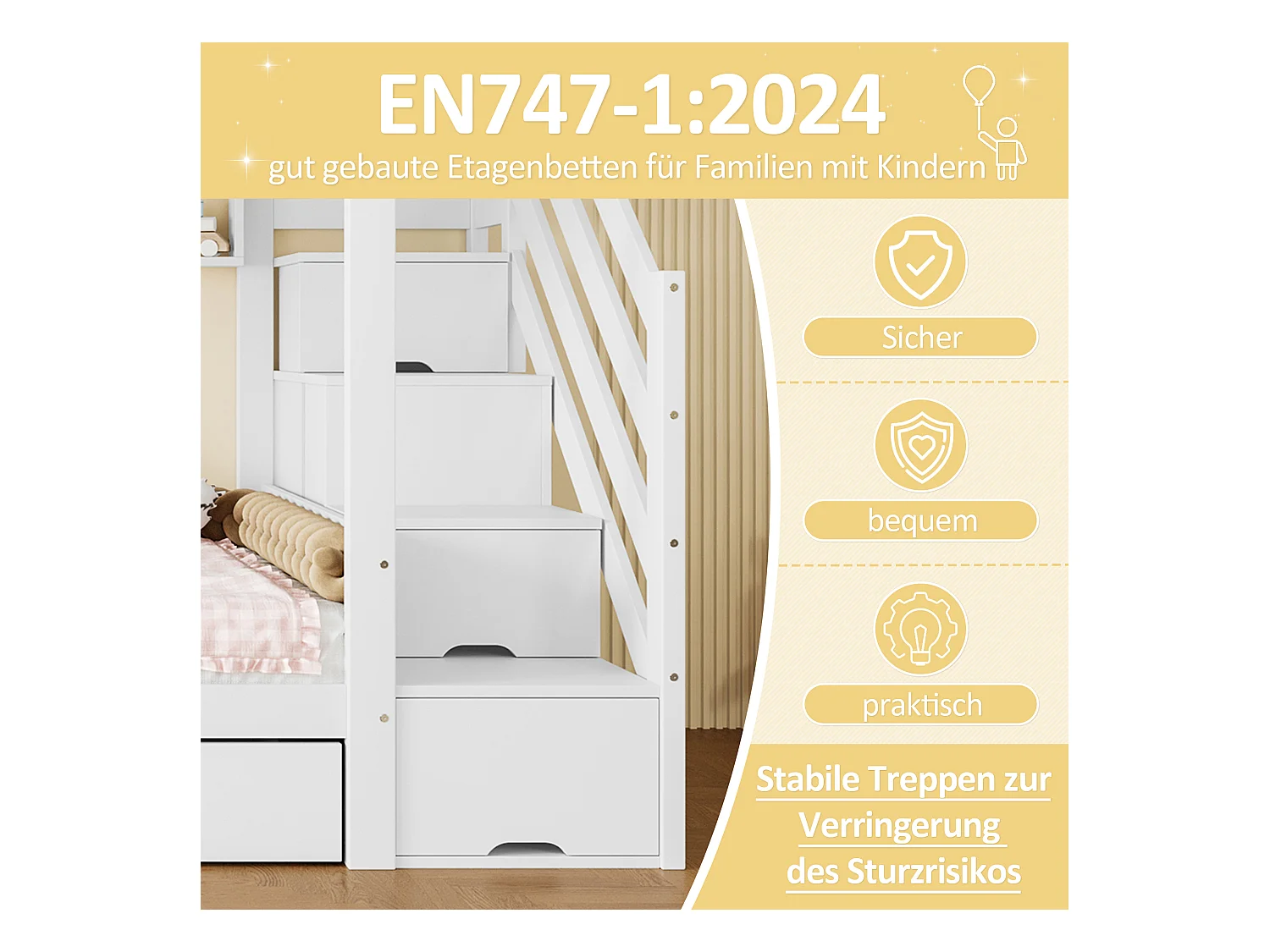 Lit superposés pour enfants - 2 x 90 x 200 cm - avec 2 tiroirs + armoir + 3 rangements dan l'escalier - Pin + MDF - blanc