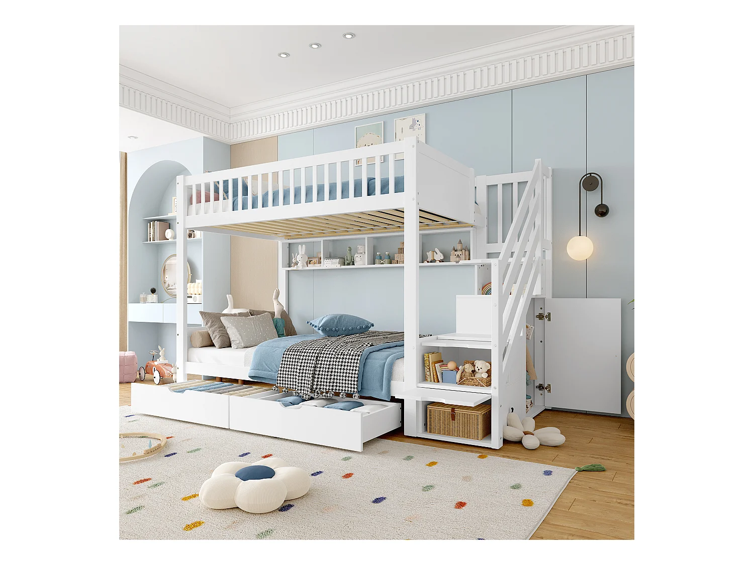 Lit superposés pour enfants - 2 x 90 x 200 cm - avec 2 tiroirs + armoir + 3 rangements dan l'escalier - Pin + MDF - blanc