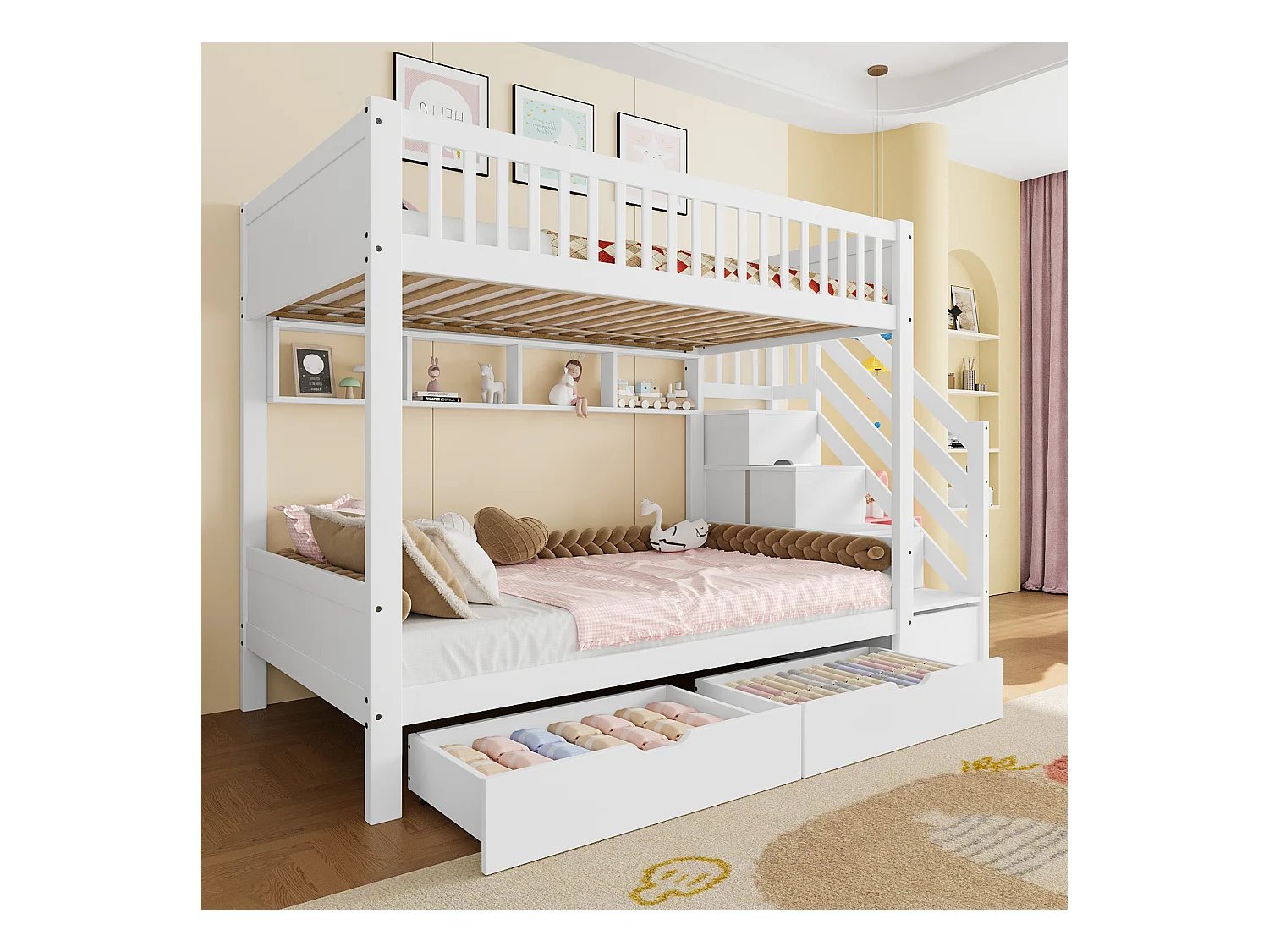 Lit superposés pour enfants - 2 x 90 x 200 cm - avec 2 tiroirs + armoir + 3 rangements dan l'escalier - Pin + MDF - blanc