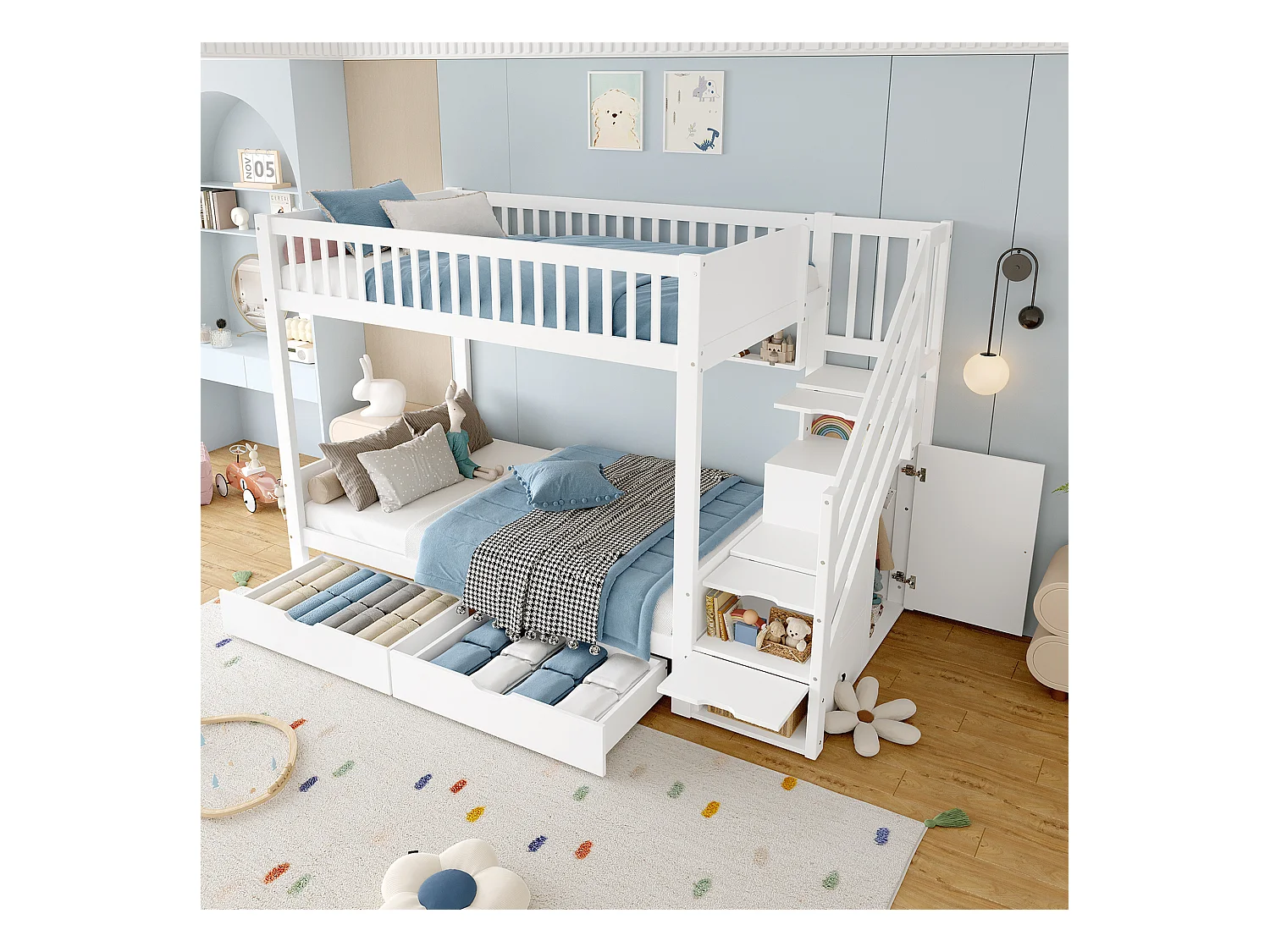 Lit superposés pour enfants - 2 x 90 x 200 cm - avec 2 tiroirs + armoir + 3 rangements dan l'escalier - Pin + MDF - blanc