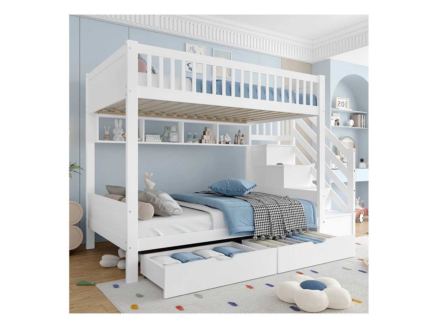 Lit superposés pour enfants - 2 x 90 x 200 cm - avec 2 tiroirs + armoir + 3 rangements dan l'escalier - Pin + MDF - blanc