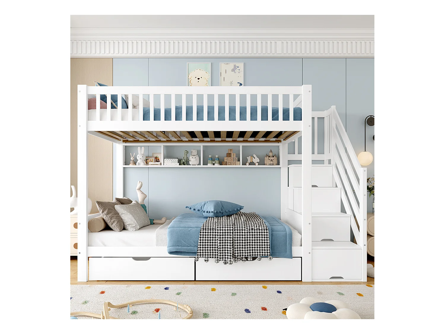 Lit superposés pour enfants - 2 x 90 x 200 cm - avec 2 tiroirs + armoir + 3 rangements dan l'escalier - Pin + MDF - blanc